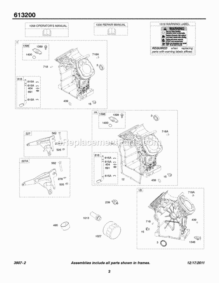 Cylinders Governor Lever Oil Filter Diagram and Parts List for 613275-1155-B1  Briggs and Stratton Engine